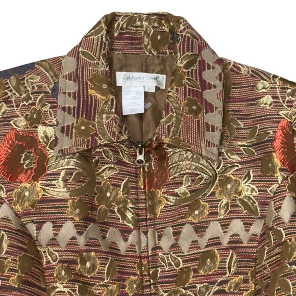 Coldwater Creek Sz SM Gold Banded Tapestry Lined Beautiful Art Blazer Jacket Lux - Picture 2 of 9